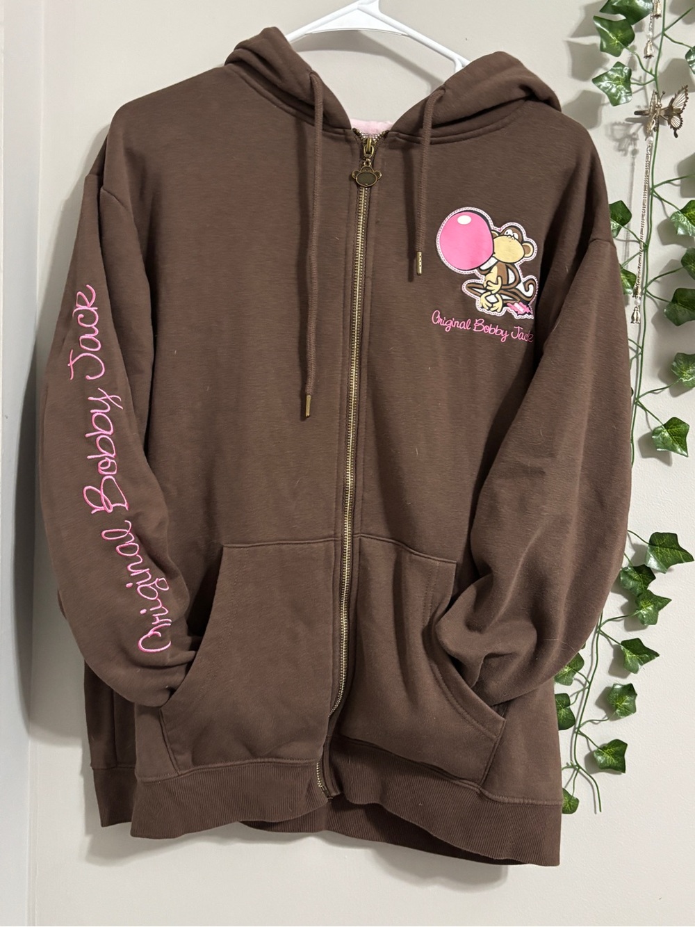 Original Bobby Jack Brown Zip-Up Hoodie with Bubble-Gum Graphic